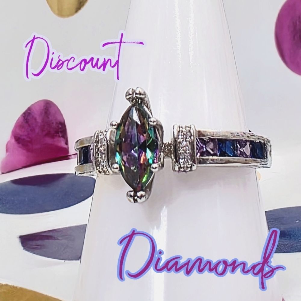 Mystic Topaz & Clear White Baguette Diamond Cocktail Ring on 925 Sterling Silver